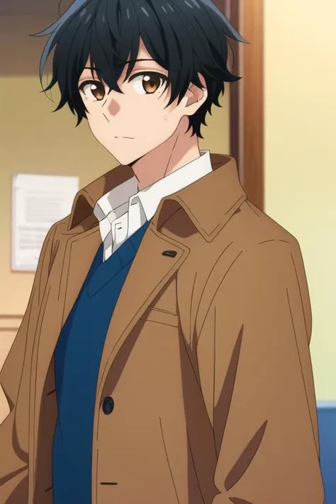 masterpiece, best quality, , 1boy, solo, male focus, looking at viewer, , , <lora:yoshikazu_miyano:0.74>, yoshikazu_miyano, black hair, brown eyes, coat,