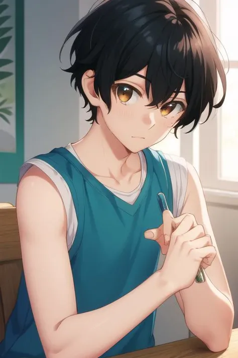 masterpiece, best quality, , 1boy, solo, male focus, looking at viewer, upper body, , <lora:yoshikazu_miyano:0.66>, yoshikazu_miyano, black hair, brown eyes, tank top,