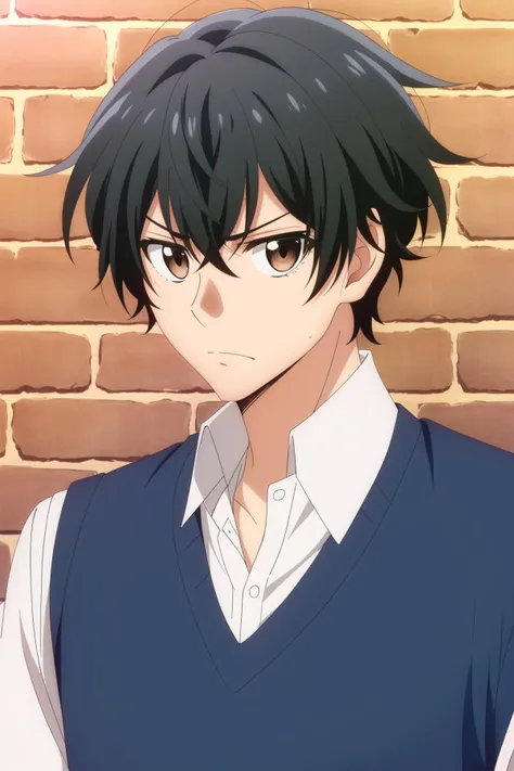 masterpiece, best quality, yoshikazu_miyano, 1boy, portrait, upper body, against wall, brick wall, looking at viewer, black hair, brown eyes, annoyed, sweater vest,