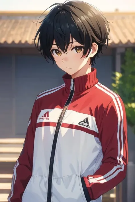 masterpiece, best quality, illustration, 1boy, solo, male focus, looking at viewer, upper body, depth of field, <lora:yoshikazu_miyano:0.64>, yoshikazu_miyano, black hair, brown eyes, track suit,