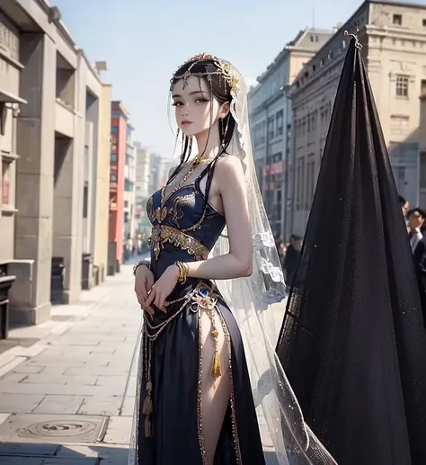 shiny skin best quality, masterpiece,
1girl, solo, long hair, black hair, jewelry, standing, earing, bowhair
masterpiece, best quality,1girl , looking at viewer, full body,
ancient building background, china goddess, veil
<lora:China_goddess-000006:0.5>