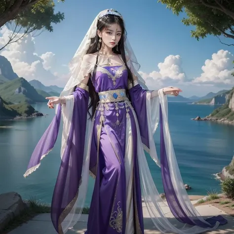 china goddess, shiny skin best quality, masterpiece, 1girl, solo, long hair, straight hair, jewelry, earing, sky, cloud, colorful, ancient chinese background, full body, purple clothes, purple dress, purple veil
best quality, masterpiece, HD, Ultra realistic, CG, 8K, 32K, ray tracing, light, masterpiece,ultra realistic,32k,extremely detailed CG unity 8k wallpaper, best quality, vibrant colors,
<lora:ChinaGoddessV2-06:0.6>