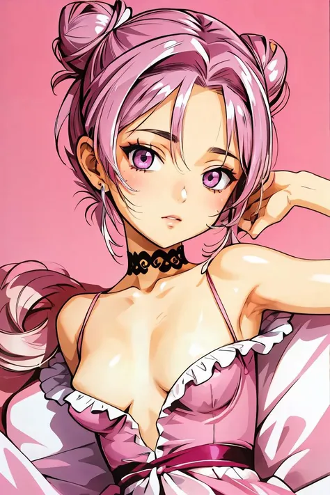 masterpiece, top quality, super detailed, illustration, (1 girl), beautiful detailed eyes, viewer look, close-up, (chest focus), (back arms: 1.2), (from top: 1.1), pink hair, huge breasts, (chest out: 1.3), (off-shoulder: 1.1), underwear,