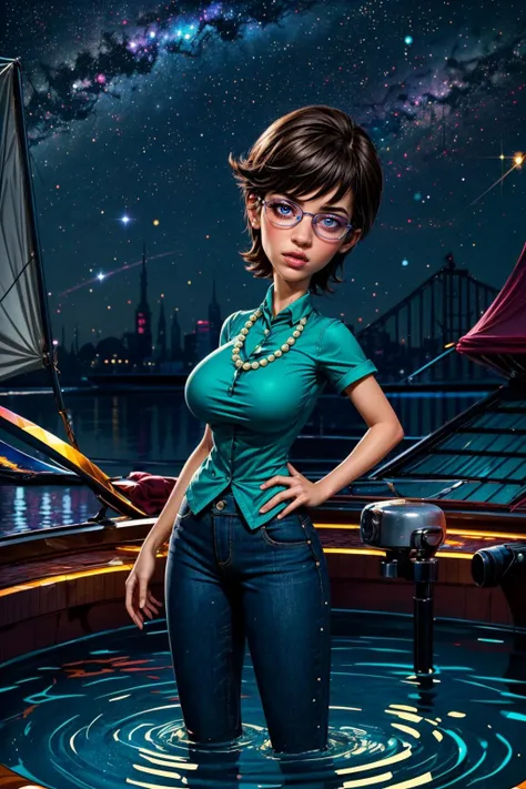 (ultra realistic,32k, masterpiece:1.2),(high detailed skin:1.1),( high quality:1.1),
<lora:charlene_doofenshmirtz:0.8>charlene doofenshmirtz,disappointed,1girl, solo, glasses, , necklace, jewelry, pants, short hair, black hair, capri pants, lipstick, shirt, makeup, lips, jeans, blue eyes, pearl necklace, grey eyes, green shirt, swept bangs, denim, short sleeves,standing in water at night, starry night, light nebula, shining stars blurry background,, huge breast,large breast,(looking at viewer, standing from below:1.1),, <lora:add_detail:0.93>,
(glow in the dark:1.1),