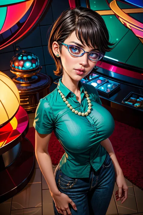 (ultra realistic,32k, masterpiece:1.2),(high detailed skin:1.1),( high quality:1.1),
<lora:charlene_doofenshmirtz:0.8>charlene doofenshmirtz,evil,1girl, solo, glasses, breasts, necklace, jewelry, pants, short hair, black hair, capri pants, lipstick, shirt, makeup, lips, jeans, blue eyes, pearl necklace, grey eyes, green shirt, swept bangs, denim, short sleeves,An environment with an oriental look and solid design ornaments blurry background,, huge breast,large breast,(looking at viewer, standing from above:1.1),, <lora:add_detail:0.81>,
(neon light:1.1),