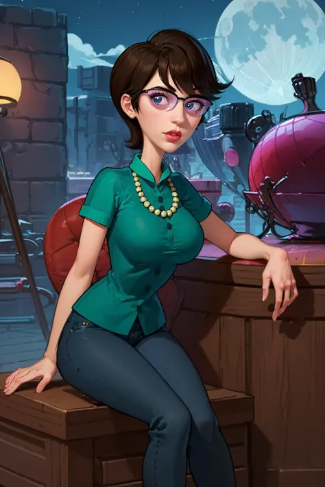 (masterpiece, best quality:1.2), <lora:charlene_doofenshmirtz:.9>, charlene doofenshmirtz, 1girl, solo, glasses, breasts, necklace, jewelry, pants, short hair, black hair, large breasts, capri pants, lipstick, shirt, makeup, lips, jeans, blue eyes, pearl necklace, grey eyes, green shirt, swept bangs, denim, short sleeves, looking at viewer, sitting, outdoors, night, moon