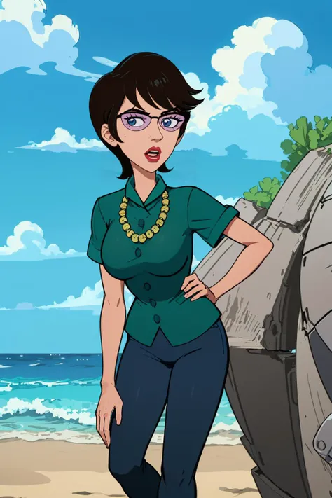 (masterpiece, best quality:1.2), <lora:charlene_doofenshmirtz:.9>, charlene doofenshmirtz, 1girl, solo, glasses, breasts, necklace, jewelry, pants, short hair, black hair, large breasts, capri pants, lipstick, shirt, makeup, lips, jeans, blue eyes, pearl necklace, grey eyes, green shirt, swept bangs, denim, short sleeves, outdoors, looking at viewer, flower, day, beach, sky, cloud, ocean, hibiscus, leaning forward, open mouth, blue sky, hand up, water, red flower,
