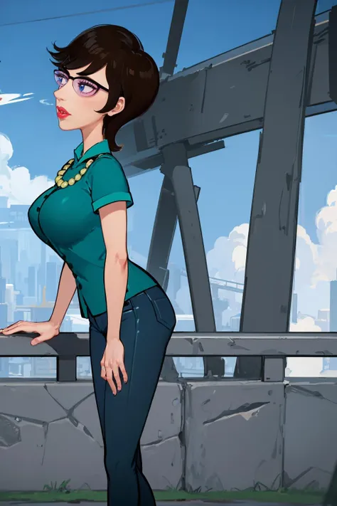 (masterpiece, best quality:1.2), <lora:charlene_doofenshmirtz:.9>, charlene doofenshmirtz, 1girl, solo, glasses, breasts, necklace, jewelry, pants, short hair, black hair, large breasts, capri pants, lipstick, shirt, makeup, lips, jeans, blue eyes, pearl necklace, grey eyes, green shirt, swept bangs, denim, short sleeves, railing, outdoors, fog, profile,