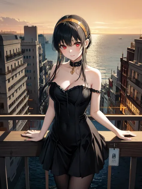(masterpiece), (best quality), ultra high res, ultra detailed, detailed eyes, intricate, city background, seaside, orange sky, cowboy shot, 1girl, looking at viewer, (clothes pull, nipples:1.4), pov hug, bbyorf, short hair with long locks, gold hairband, red eyes, gold earrings, large breasts, jewelry <lora:yor_forger_v1:0.8>, pantyhose, dress <lora:Special clothes35:0.75>