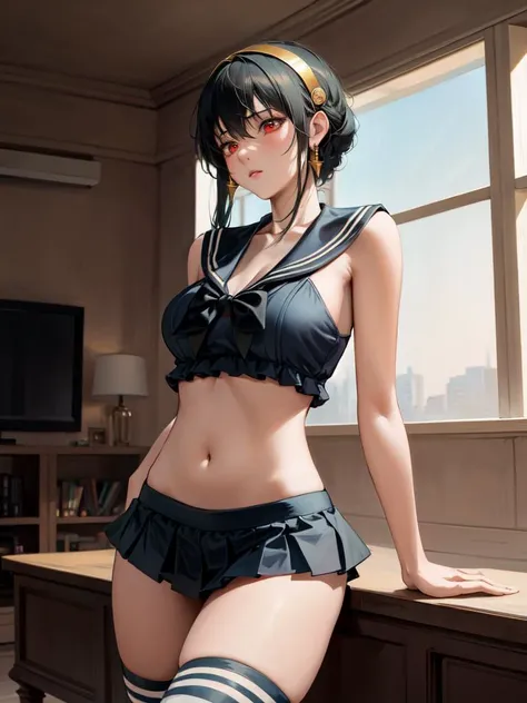 (masterpiece), (best quality), ultra high res, ultra detailed, detailed eyes, intricate, city background. seaside, cowboy shot, 1girl, looking at viewer, bbyorf, short hair with long locks, gold hairband, red eyes, gold earrings, large breasts, jewelry <lora:yor_forger_v1:0.8>, chinese clothes, cleavage cutout <lora:Special clothes33:0.75>