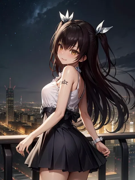 (masterpiece, best quality:1.3), ultra high res, ultra detailed, detailed face, intricate, 1girl, cowboy shot, evil smile, city, seaside, night sky, dark sky, starry sky, MasterNemesis, dark skin, black hair, long hair, two side up, hair ribbon <lora:CHAR-MasterNemesis:1> <lora:cuteKoreanGirlLora_cuteKoreanGirlLora:0.2>, jirai kei, gyaru <lora:TBCrazyGirlDesign_v230721b:0.8>