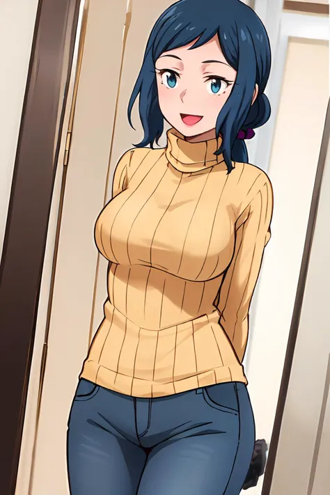 masterpiece,best quality,1girl,mature female,milf,rinko_iori,dark blue hair,(low ponytail,long ponytail:1.4),blue eyes,chanchanko,turtleneck sweater,jeans,smile,open mouth,standing,arms behind back,indoors,cowboy shot,dutch angle,<lora:Rinko_Iori:0.8>,