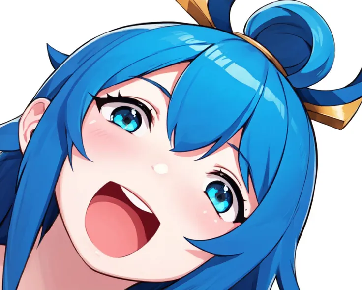 kotobomb, upper teeth, :D, white background, face only, round teeth, <lora:kotori_photobomb_v1:0.8>
aqua, 1girl, blue hair, blue eyes, <lora:aqua:0.7>