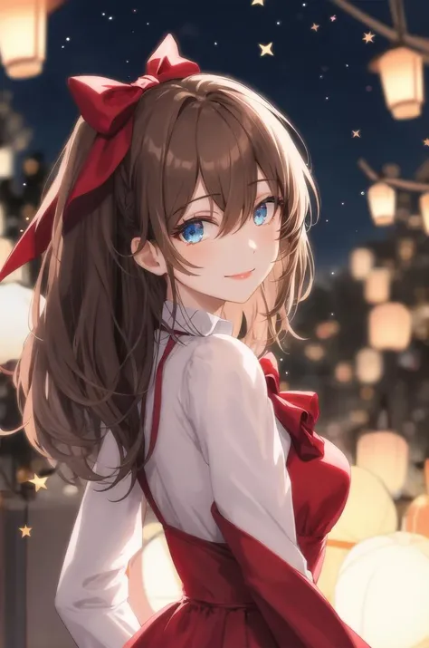 (extremely delicate and beautiful:1.2),1girl, bangs, blue eyes, blurry, blurry background, bow, brown hair, closed mouth, from side, hair between eyes, hair bow, lantern, light particles, long sleeves, looking at viewer, medium hair, night, red bow, solo, star \(symbol\), upper body,smile,red lips