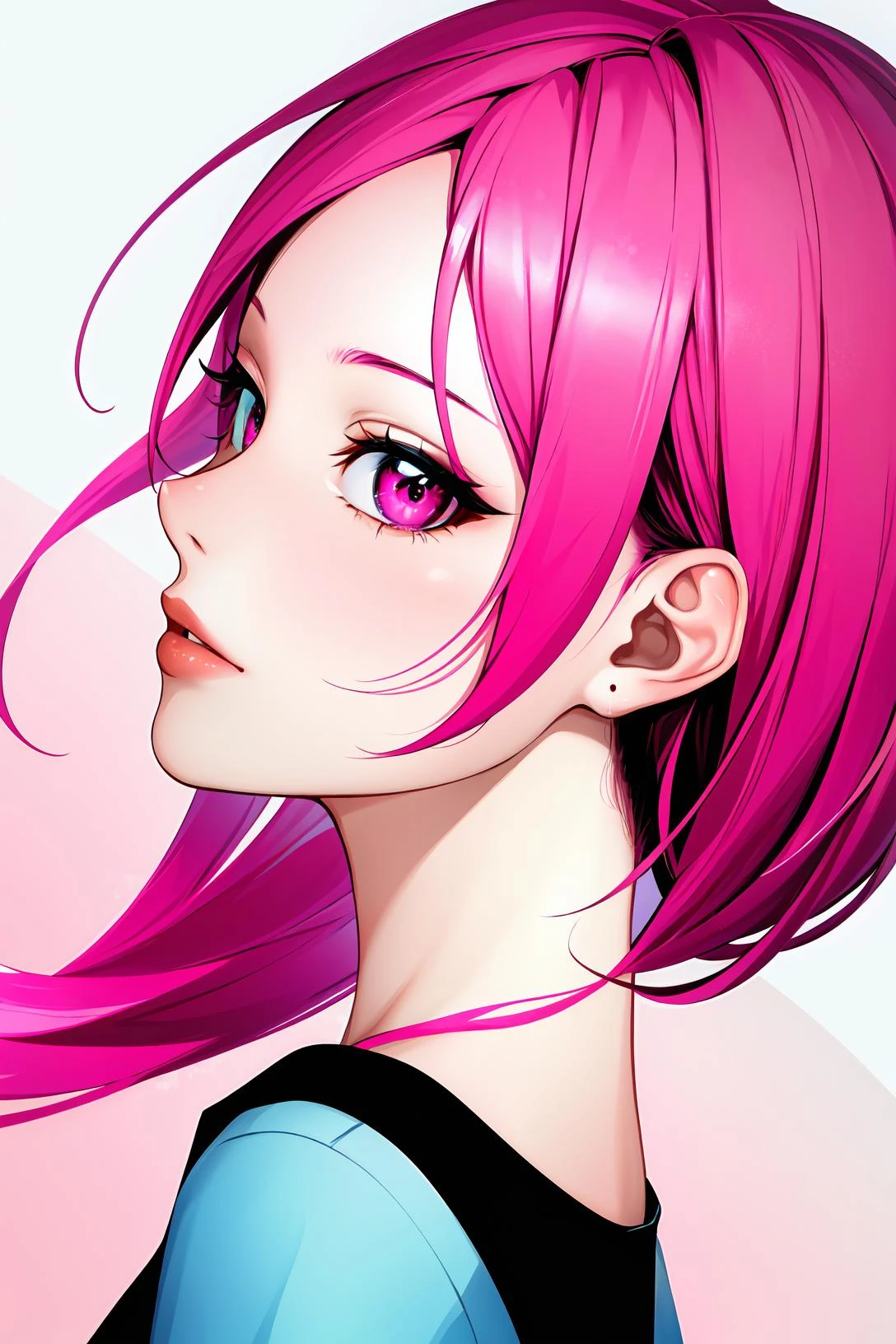 (close-up abstract portrait:1.1), 1girl, solo, pink theme, pink eyes, long hair, pink t-shirt, looking at viewer, high cheekbones, sharp chin, slim, from side, good girl, (mature female:1.1), stylish, vivid colors, pop art