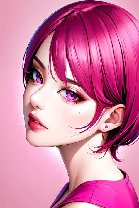 (close-up abstract portrait:1.2), 1girl, solo, (pink theme:1.1), pink eyes, short hair, pink t-shirt, looking at viewer, high cheekbones, sharp chin, slim, from side, stylish, vivid colors, pop art, (simple background:1.15)