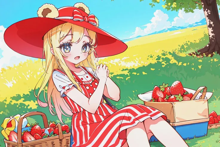 1girl, blonde_hair, bear_ears, excited,
park, picnic, strawberries,
(striped/dress/red/white), sunhat
<lyco:PinkTeaV2:0.7>,