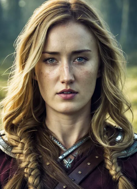 A stunning intricate full color portrait of (sks woman:1) as (viking warrior), (barbarian), epic character composition, by ilya kuvshinov, alessio albi, nina masic, sharp focus, natural lighting, subsurface scattering, f2, 35mm, film grain, <lora:locon_ashleyjohnson_v1_from_v1_64_32:1.25>