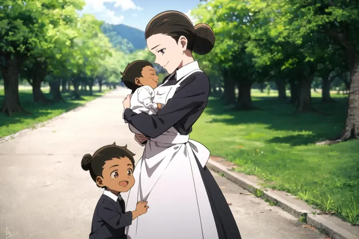 isabella, neverland, 1girl, solo, smile, carrying, baby, mother and son, day, outdoors, sky, black hair, long sleeves, hair bun, apron, black dress, maid, single hair bun, white apron, maid apron, <lora:Isabella:0.7>