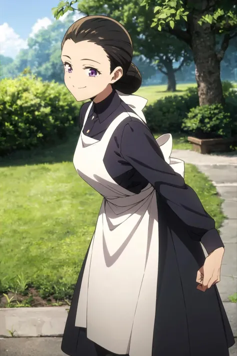 isabella, neverland, 1girl, solo, smile, nature, outdoors, day, black hair, long sleeves, hair bun, apron, black dress, maid, single hair bun, white apron, maid apron, purple eyes, <lora:Isabella:0.7>
