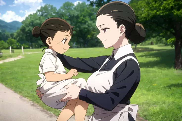 isabella, neverland, 1girl, solo, smile, carrying, baby, mother and son, day, outdoors, sky, black hair, long sleeves, hair bun, apron, black dress, maid, single hair bun, white apron, maid apron, <lora:Isabella:0.7>