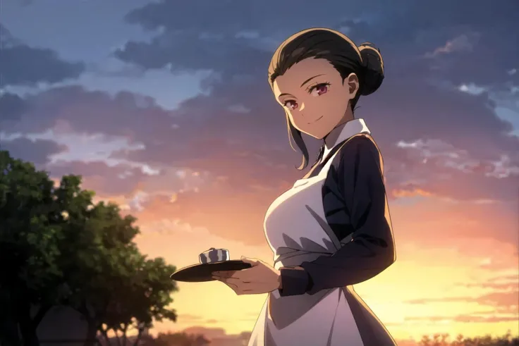 isabella, neverland, 1girl, solo, smile, looking at viewer, sunset, cloud, sky, black hair, long sleeves, hair bun, apron, black dress, maid, single hair bun, white apron, maid apron, <lora:Isabella:0.7>