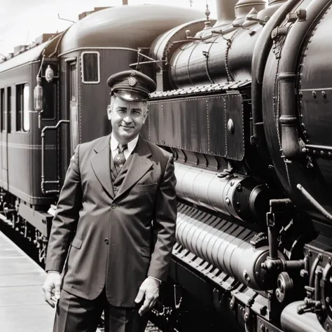 <lora:xyzVntg_02:1> xyzVntg a train conductor standing beside a steam locomotive, grayscale