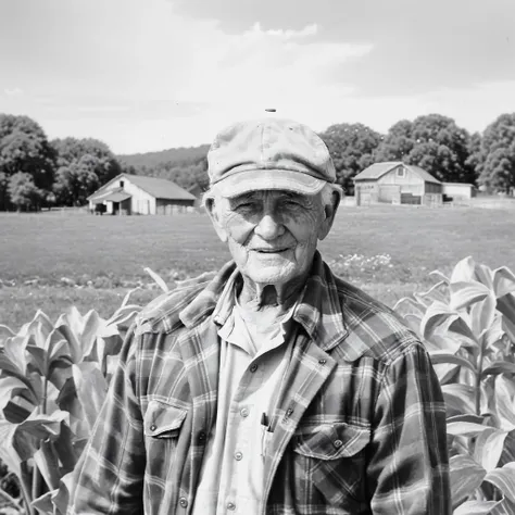 <lora:xyzVntg_02:1> xyzVntg, an elderly farmer standing on a farm, grayscale