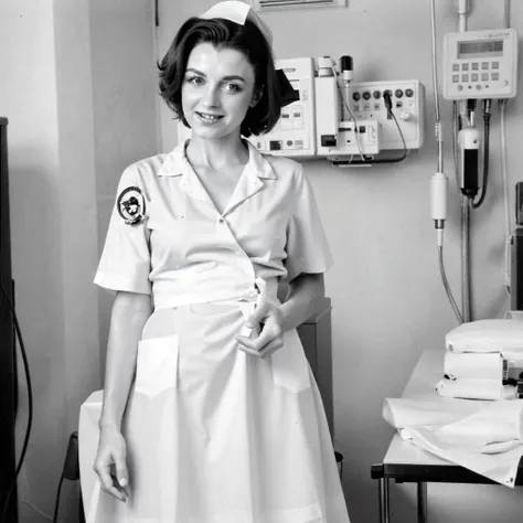 <lora:xyzVntg_02:1> xyzVntg, a middle-aged woman dressed as a nurse in a hospital ward, grayscale