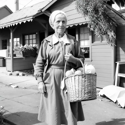 <lora:xyzVntg_02:1> xyzVntg, a middle-aged woman carrying a basket of food