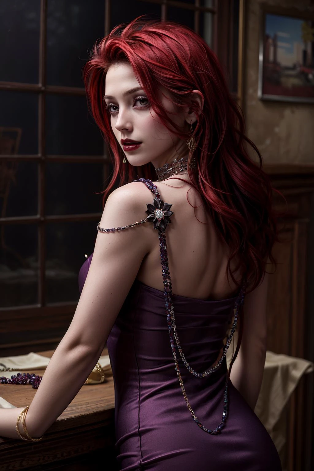 masterpiece,best quality,(film grain),cabernet, red hair, jewelry, necklace, flower, purple dress,<lora:cabernet-v1.5-naivae:0.6>