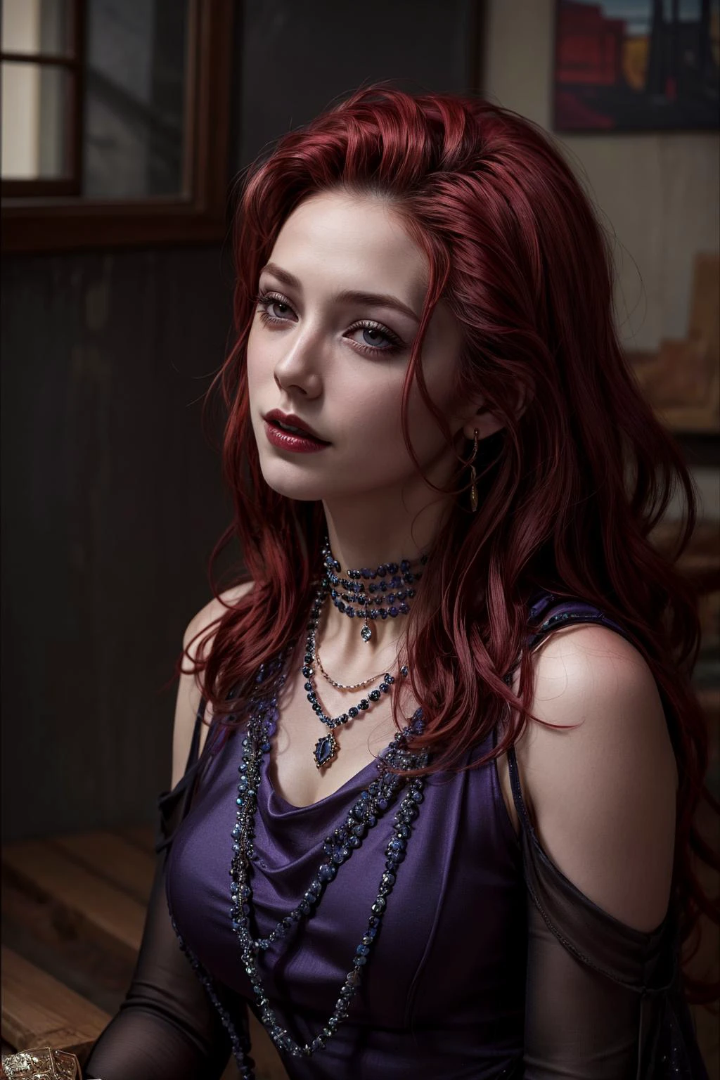 masterpiece,best quality,(film grain),cabernet, red hair, jewelry, necklace, flower, purple dress,<lora:cabernet-v1.5-naivae:0.6>