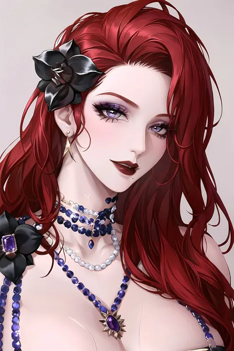 1girl, jewelry, red hair, solo, necklace, long hair, earrings, mole under mouth, red nails, petals, red lips, hair ornament, flower, black flower, pearl necklace, portrait, lipstick, makeup, grey eyes, nail polish, gem,parted lips,red lips,milf,huge breasts, parted lips,(shiny skin),(mature female:1.2),cabernet,<lora:cabernet-v1.5-naivae-6ep-resize:0.7>