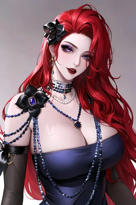 1girl, jewelry, red hair, long hair, cleavage, necklace, dress, solo, hair ornament, earrings, purple dress, looking at viewer, mole on breast, pearl necklace, large breasts, gloves, upper body, elbow gloves, makeup, black flower, wavy hair, flower, lipstick, beads, bead necklace, hair flower, shoulder armor,parted lips,red lips,milf,huge breasts, parted lips,(shiny skin),(mature female:1.2),cabernet,<lora:cabernet-v1.5-naivae-6ep-resize:0.7>