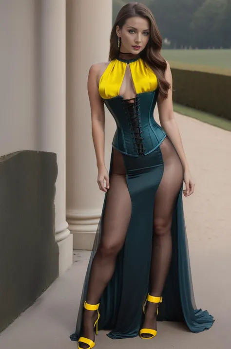 <lora:RealPantyhose_XL:1>,<lora:xl_underbust_corset-1.0:0.9> , <lora:opentoeNYX_XL:0.8>, masterpiece, full body female portrait, underbust corset, long green dress with lateral deep slits, yellow bra wavy insert, ((black color:1) RealPantyhose:1), yellow opentoeNYX, (fantasy classic scenario), (high detailed skin:1.2), 8k uhd, dslr, soft lighting, high quality, film grain, Fujifilm XT3
