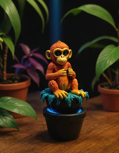 ASCIIin this vibrant scene, a small orange monkey figurine is sitting on a wooden table. the monkey has large black eyes that seem to sparkle with life. beside the monkey, there's a terra cotta pot housing a lively houseplant. the plant boasts long, slender leaves of various shades of green and yellow, adding a touch of nature to the setting. the background features a striking blue gradient, creating an exuberant atmosphere. in the distance, a red blur suggests movement or energy, perhaps hinting at other elements of this scene waiting to be discovered., synthwave art, inspired by justin gerard, punks not dead!!!!, wallpaper hd, glowing, [ metal ], detailed pixel artwork, bone, 2020 s promotional art, trending on pixart, the artist is charles burns, music album art