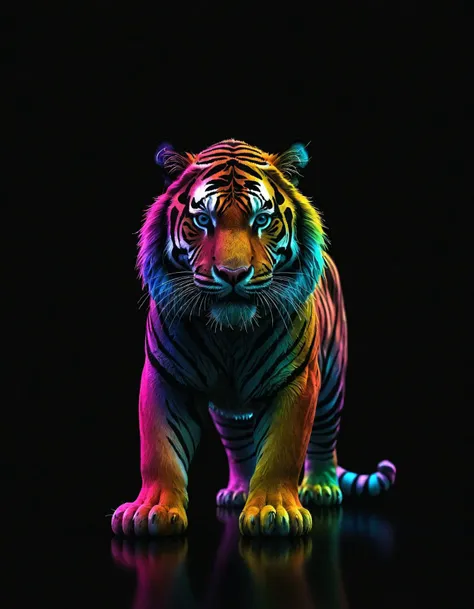 ASCIIraw photography, brightly colored tiger standing on black background with black background, modular game dev art, trending on sketchfab, inspired by jeff koons, rainbow overlay! beautifully lit, full body character portrait image, inspired by james gilleard, hyper realistic vfx simulation, inspired by artgerm, trending on artstation hq, color overlay, color slide, colorful sketch, digital art logo