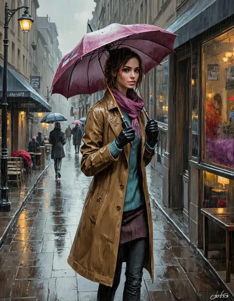 ASCIIa painting of, painting of a woman walking down a street with an umbrella, a detailed painting by antoine blanchard, featured on cgsociety, fine art, raining outside the cafe, tomas kinkade, rainy afternoon, from reddit, extremely detailed, artgerm, photograph, digital art inspired by android jones, artstation, funk art, cyber character, cyberpunk, cyber