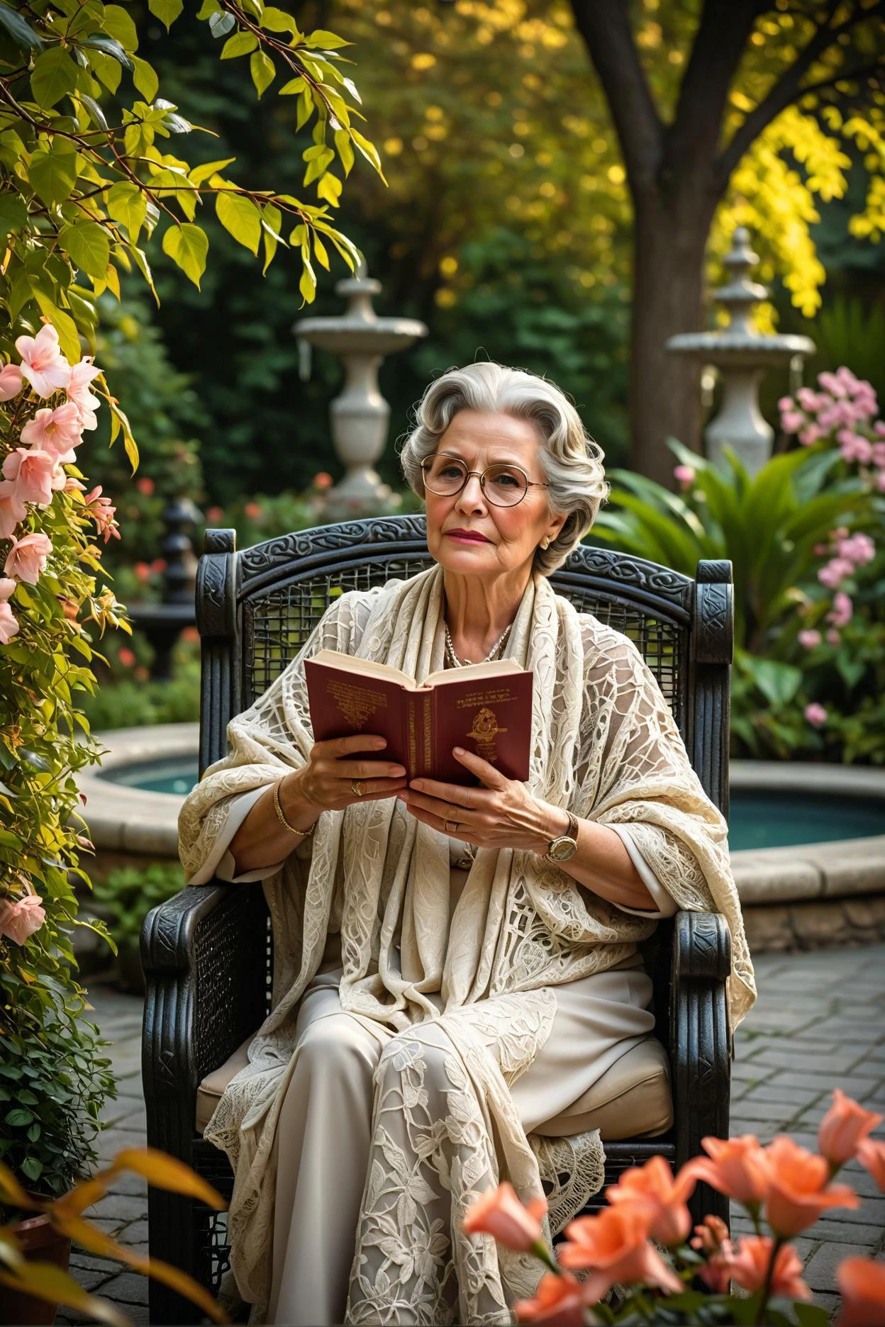 here is a new image generation prompt: elegant older woman in a vintage style garden, surrounded by blooming flowers and lush greenery, sitting on a wicker chair with a book in her hand, warm golden light filtering through the trees, delicate lace shawl draped over her shoulders, intricate stone fountain in the background, serene and peaceful atmosphere., retro futuristic design, soviet dystopia, technological anomalies, gritty textures, lush color palette, biomorphic structures, mechanical menace, sleek metalwork, intricate detailing, articulated limbs, cold glowing eyes, sinister silhouettes, hybrid aesthetics, industrial finish, psychedelic elements, imposing architecture, eerie atmosphere, contrasting imagery, atomic hearts