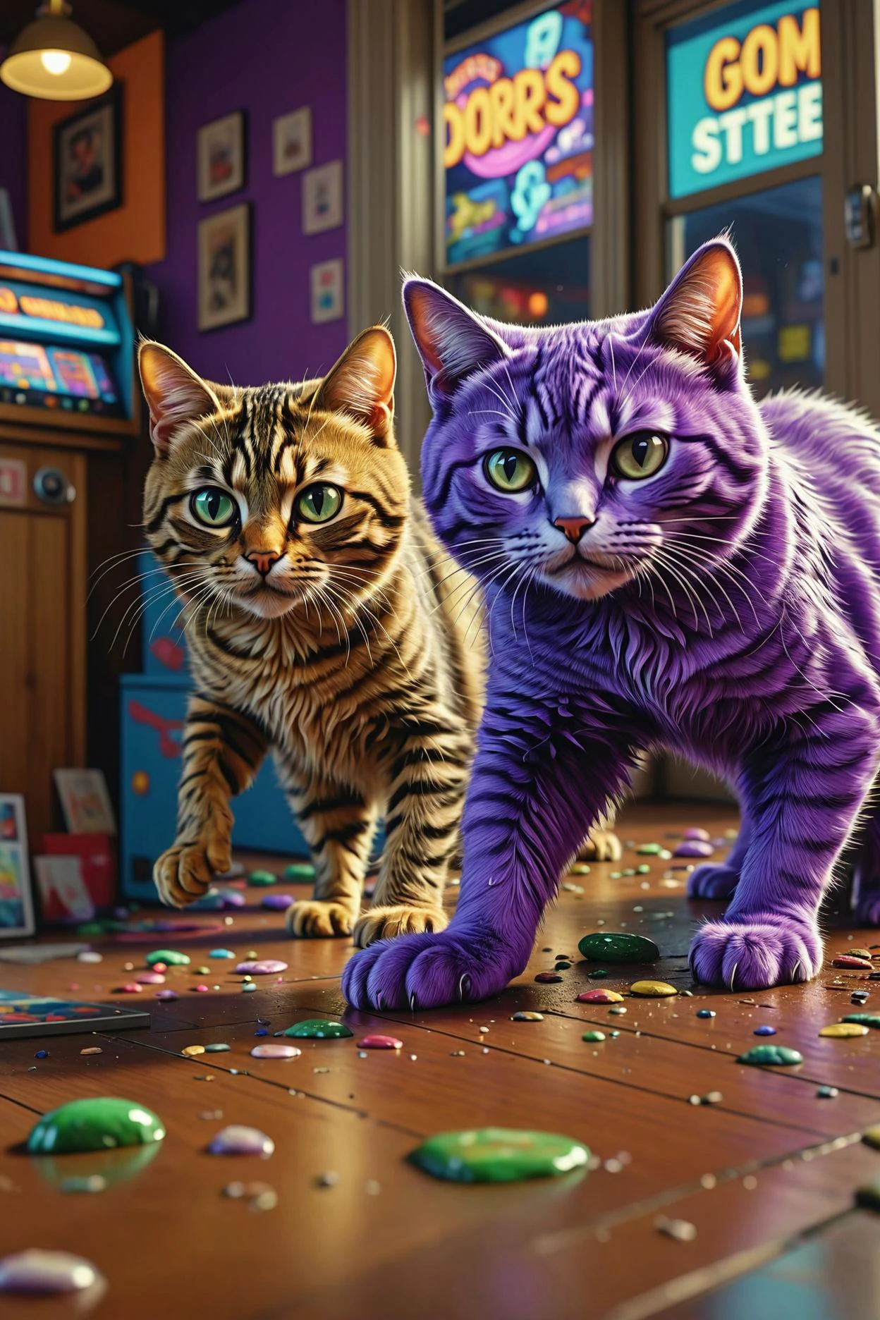 there are two cats that are looking at the camera, arcade machines, acid pooling on the floor, 8 k uhd poser, they are fighting very angry, oysters, gold green and purple colors , leaning against the window, purple filter, detailed anime eyes with pupils, style of scott listfield, by filip hodas, by lee madgwick, renato muccillo, by mark keathley, by john wonnacott, by robert jacobsen, inspired by scott listfield, lee madgwick and hubert robert