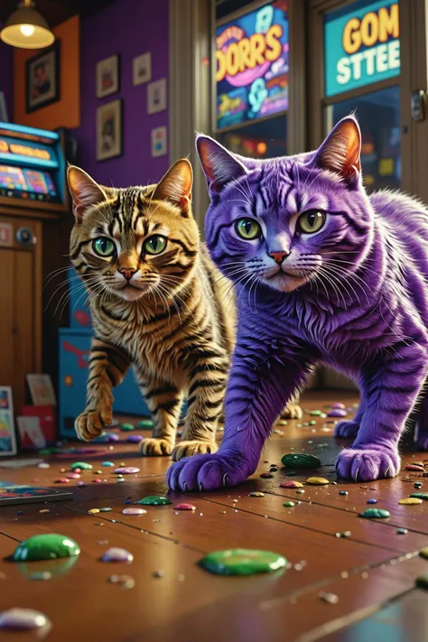 there are two cats that are looking at the camera, arcade machines, acid pooling on the floor, 8 k uhd poser, they are fighting very angry, oysters, gold green and purple colors , leaning against the window, purple filter, detailed anime eyes with pupils, style of scott listfield, by filip hodas, by lee madgwick, renato muccillo, by mark keathley, by john wonnacott, by robert jacobsen, inspired by scott listfield, lee madgwick and hubert robert