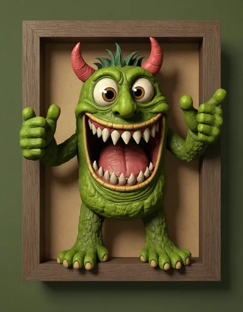 ASCIIa picture, unfortunate looking but delightful forest monster with a toothy grin, giving a thumbs up, + high detailed 3d render render, neutral background, anthropomorphic, cinematic lighting, portrait, folk art, a paper cutout, 3d flat layered paper shadow box