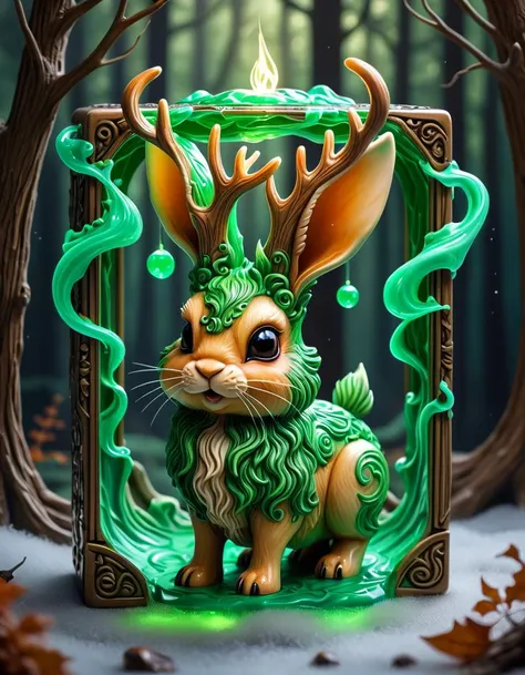 a cute happy cube-shaped kelly green jackalope is surrounded by swirling earth magic. haunted victorian mansion surrounded by misty woods, ultra sharp, intricate details, realism, glowing