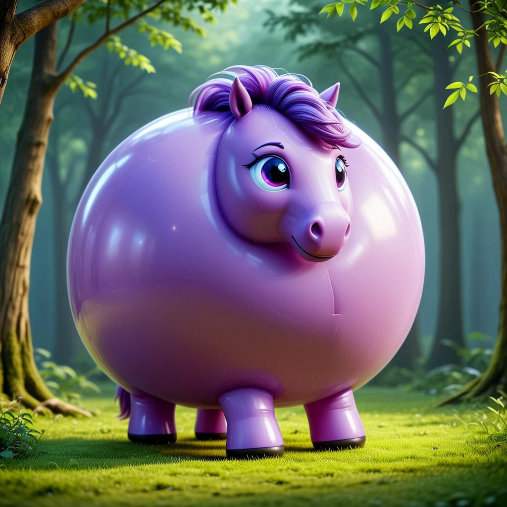 masterpiece anime artwork of sphrml spherical inflated inflatable <lora:inflatablerubber:1> round rubber large purple pony in a magical forest. <lora:spherimal:1>