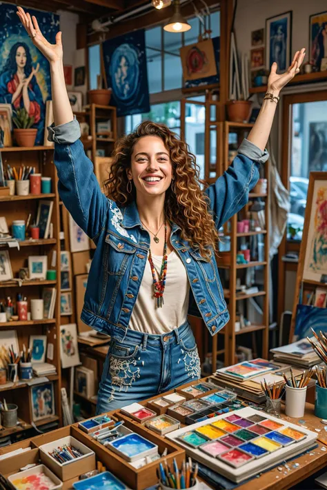 cyanotype style, blueprints, white on blue, patterned, detailed "a 30 year old artist stands triumphantly amidst a joyful riot of colorful canvases and scattered art supplies in her whimsical atelier, adorned with sparkling adult nymph lights and vintage finery. she wears a vibrant, hand painted denim jacket over a flowing white blouse, her curly brown hair streaming loose as she raises her arms in exultation, celebrating the completion of her most magnificent masterpiece yet."