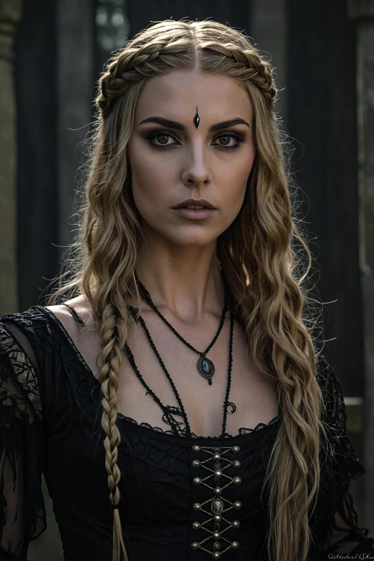 gothic style 1 woman, adult (elven:0.7) woman, amber eyes, honey blonde shag, fishtail braid, gothichorrorai, gothic . dark, mysterious, haunting, dramatic, ornate, detailed