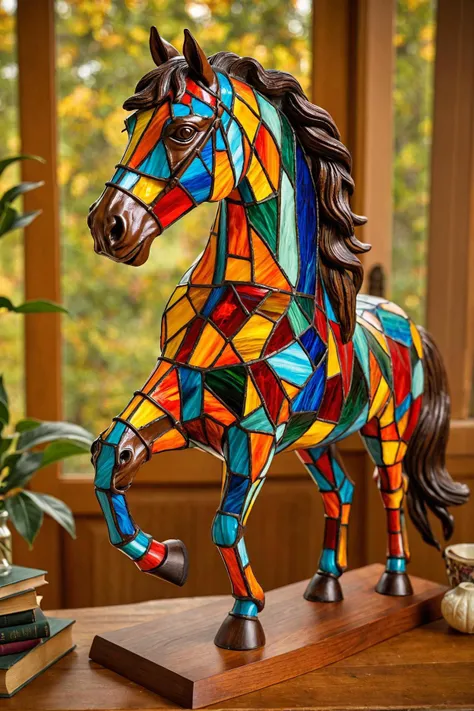 impressionist painting in the midst of a room filled with ordinary objects, a vibrant and imaginative stained glass sculpture of a horse takes center stage. the horse, with its mane of fiery reds and blues, captures the attention of everyone in the room. its head is slightly turned to the side, as if looking out at the world beyond the confines of the space. the wooden base holding the horse stands on a table draped with a traditional floral patterned tablecloth. surrounding it are everyday items like books, vases, and picture frames, each with their own unique colors and shapes. yet, none of them can compete with the horse's luminous presence. it seems almost as if the other objects have stepped aside to let this piece of art shine. a warm orange light radiates from behind the horse, casting a glow that accentuates the various colors within the stained glass. this light breathes life into the otherwise still scene, creating an atmosphere where creativity and tradition coexist harmoniously. the image evokes a sense of admiration for the artist who crafted such a remarkable piece, transforming simple materials into a symbol of individuality and imagination amidst conformity. . loose brushwork, vibrant color, light and shadow play, captures feeling over form