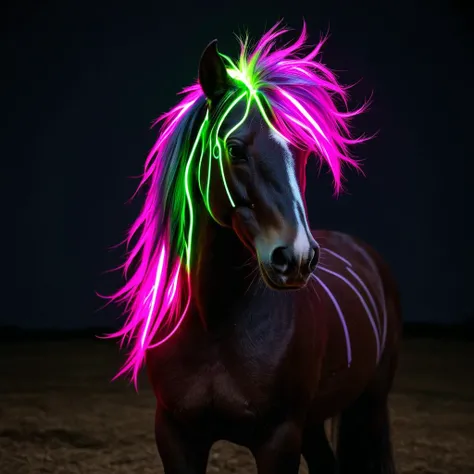 horse with hrglw rgb glowing neon hair, fauxhawk, sparks, dark club<lora:glowing_hair-000006:1>