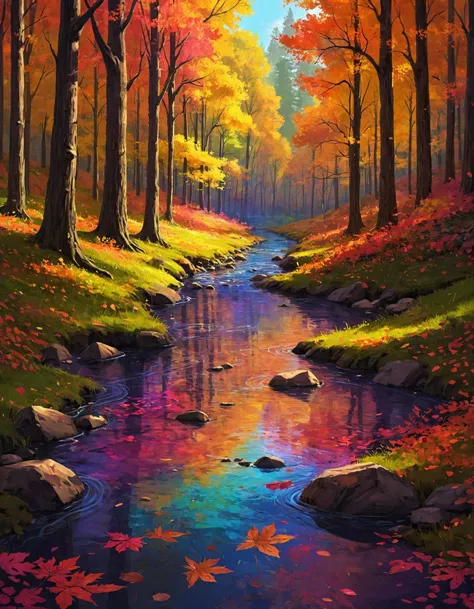 ASCIIpainting of, a view of a stream running through a forest filled with trees, digital art by sylvain sarrailh, pixabay, fine art, autumn tranquility, breath taking beautiful trees, breath taking beautiful trees, (insanely detailed, beautiful detailed face, masterpiece, best quality), an abstract painting by erin hanson, pinterest contest winner, metaphysical painting, vibrant painting, colorful otherworldly