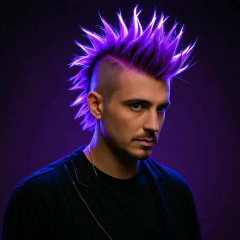 man with hrglw purple glowing hair, fauxhawk, sparks, dark club<lora:glowing_hair-000006:1>